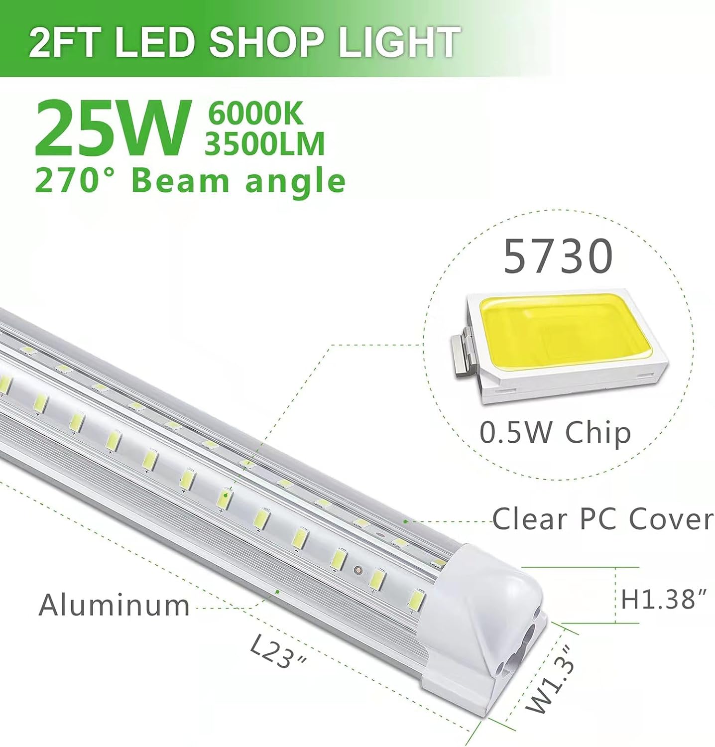 2FT LED Shop Light, 25W 3500LM 6000K/White Super Bright, T8 Integrated LED Tube Light Fixture,Plug and Play, Linkable LED Shop Lights for Room, Garage, Workbench, Under Cabinet (2 Pack)