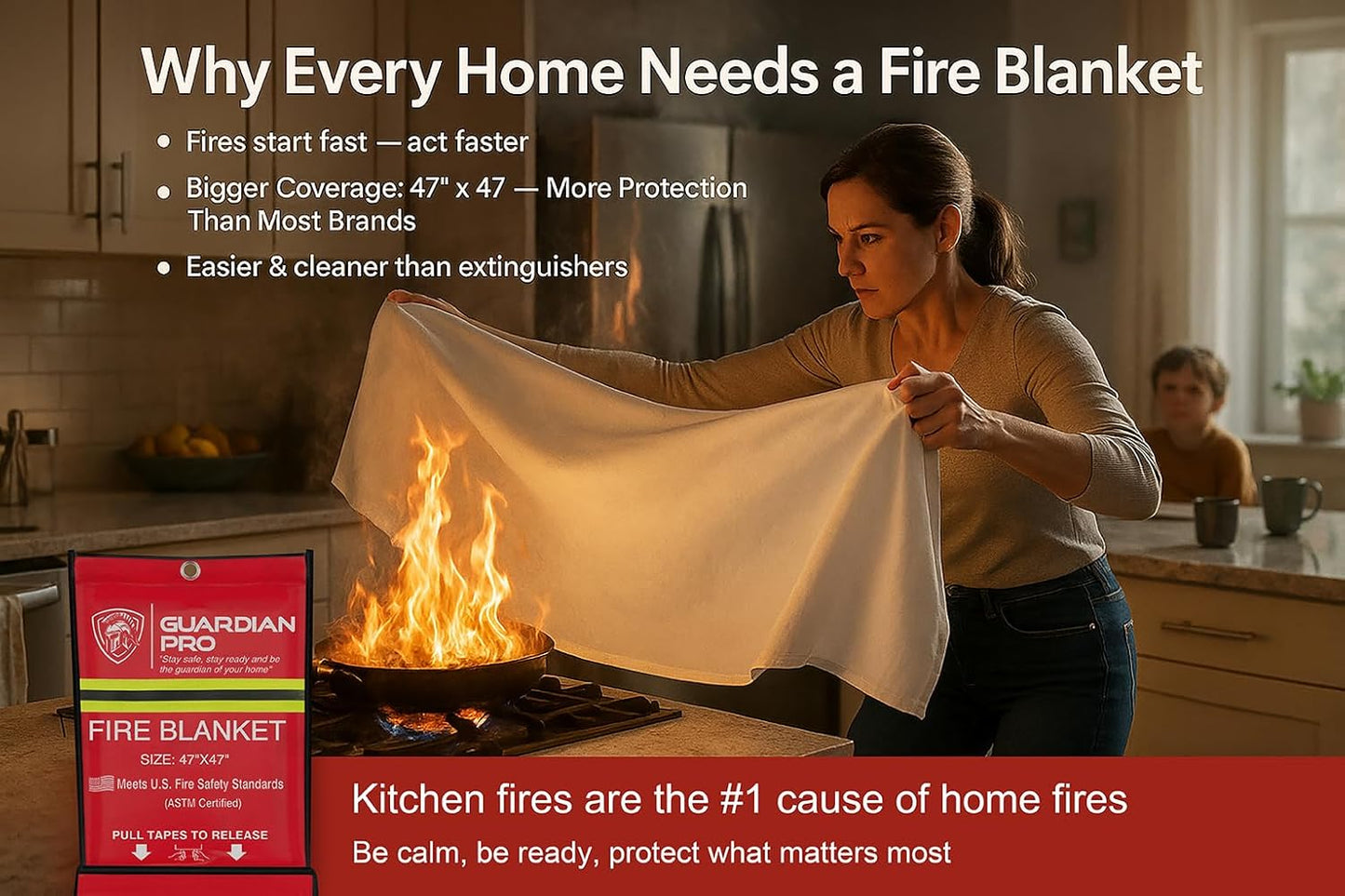 Emergency Fire Blanket for Home and Kitchen - 47"x47" - Must Have Fire Protection - Fire Suppression Fiberglass Fire Blankets for House Camping Car Office Emergency Survival Safety (1 Pack)