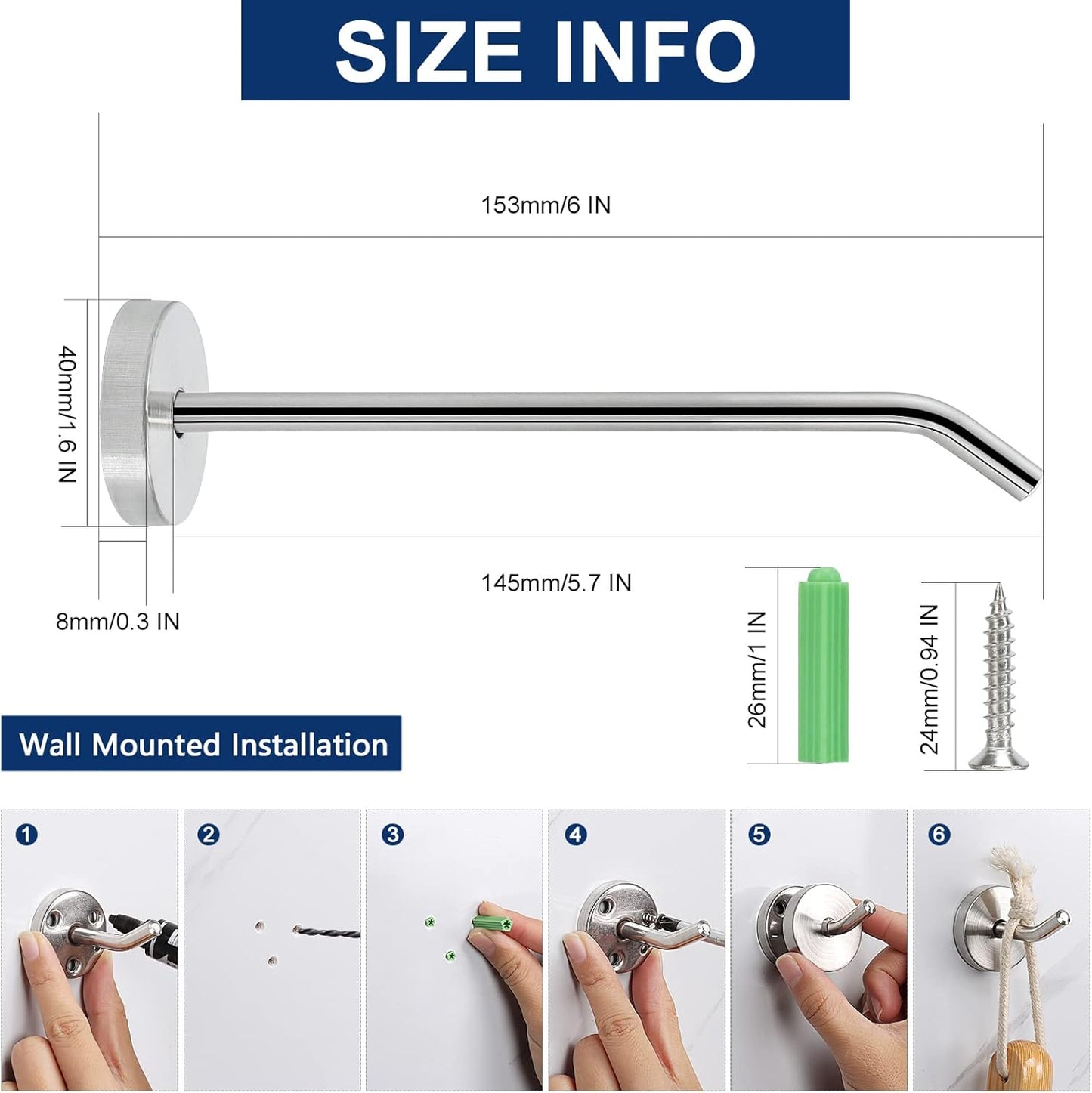 NearMoon Coat Hooks, Wall Hooks for Hanging Hat Hurse Robe, 304 Stainless Steel Heavy Duty Towel Hangers for Bathroom Livingroom Hotel Kitchen Garage, 6 Pack (6 Inch, Brushed Nickel)