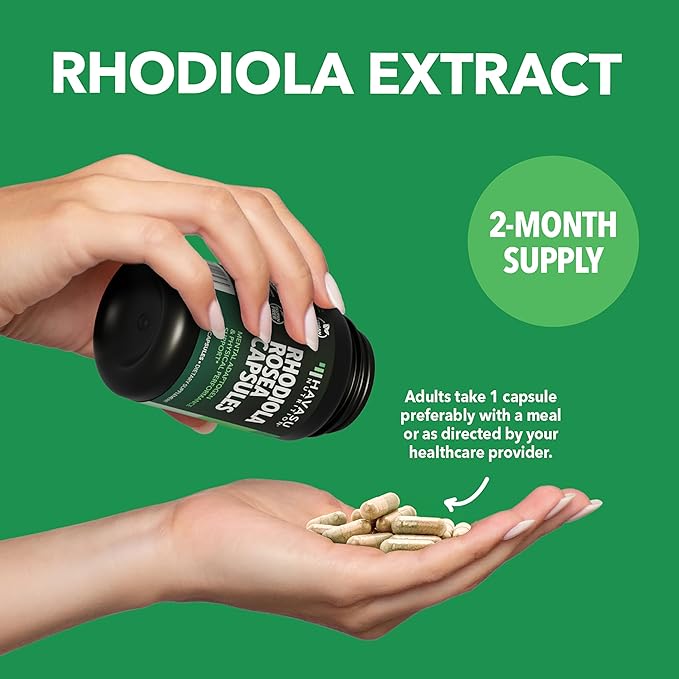 Rhodiola Rosea Supplement - Herbal Adaptogen for Mental and Physical Performance Support (3% Salidrosides, 3% Rosavins Extract) - 60 Count - Vegan, Non-GMO, and Gluten-Free Capsules - 2 Month Supply
