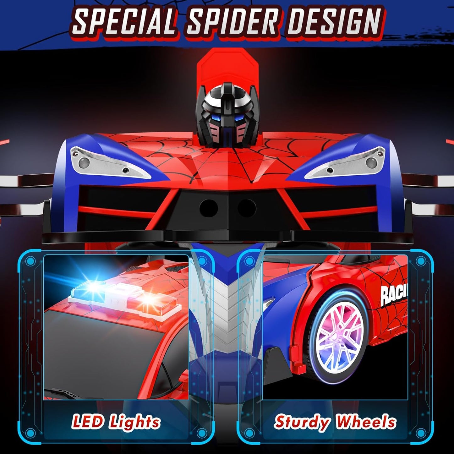 Remote Control Car for Boys 4-7, 2.4GHz RC Car 1:18 Scale, One-Button Transforming Toy with 360° Spins, LED Lights