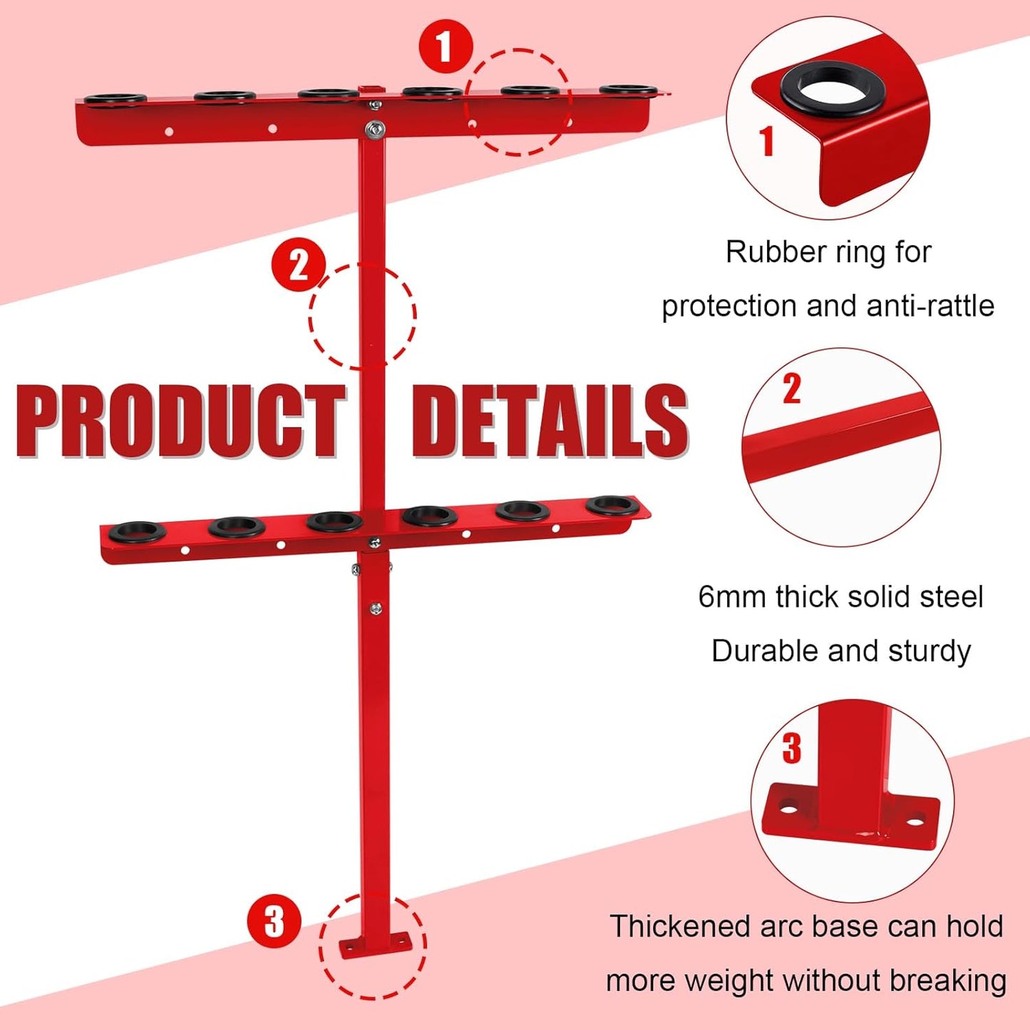 Vertical Hand Rack for Enclosed Landscaping Truck Trailer Garage or Shed Walls Holds 6 Tools for Shovels, Rakes, Hoes, Open Trailer Storage, 1 Pack (Red)