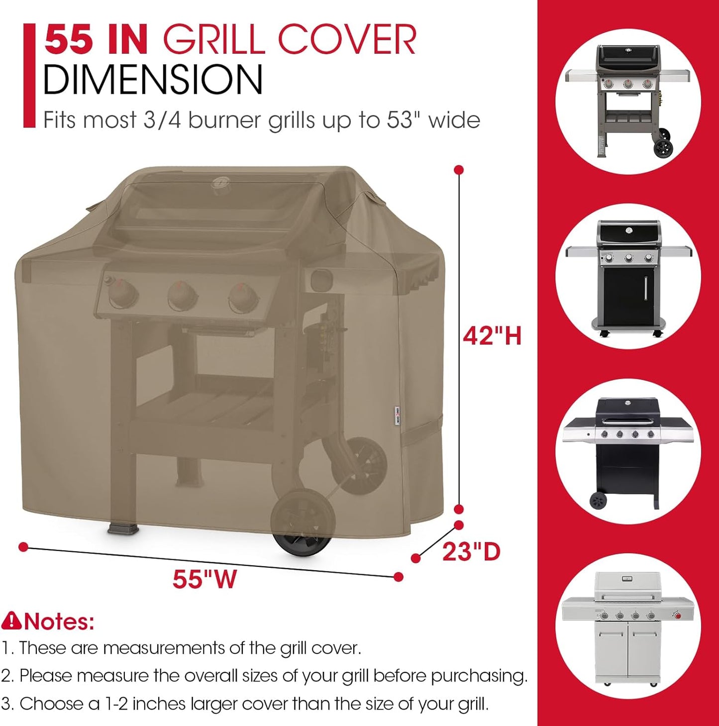 Unicook 55 Inch Grill Cover for Outdoor Grill, Heavy Duty Waterproof Gas BBQ Cover with Sealed Seam, Rip and Fade Resistant Barbecue Covering for Weber Nexgrill Charbroil, Neutral Taupe