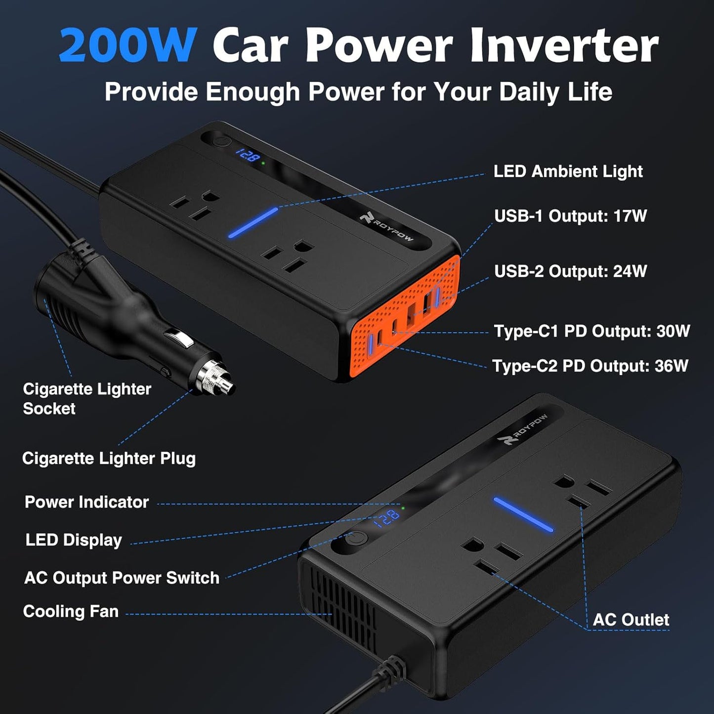 RoyPow 200W Car Power Inverter, DC 12V to 110V AC Power Inverter with Cigarette Lighter Port, Car Plug Adapter Outlet with 3.4A USB-A, QC3.0 24W, PD 30W, PD 36W, Dual AC Outlets, Car Charger Adapter