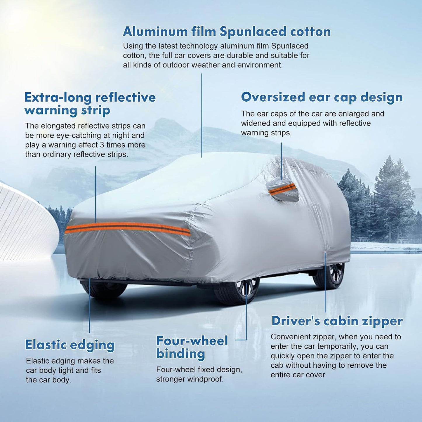 KEYOOG 6-Layer Full Car Cover is All-Weather Waterproof, Fit for 168"-182" Length Sedan, Universal in All Seasons, Snow Prevention, Rainproof, Acid Rainproof, Sunscreen, Orange Reflective Strip