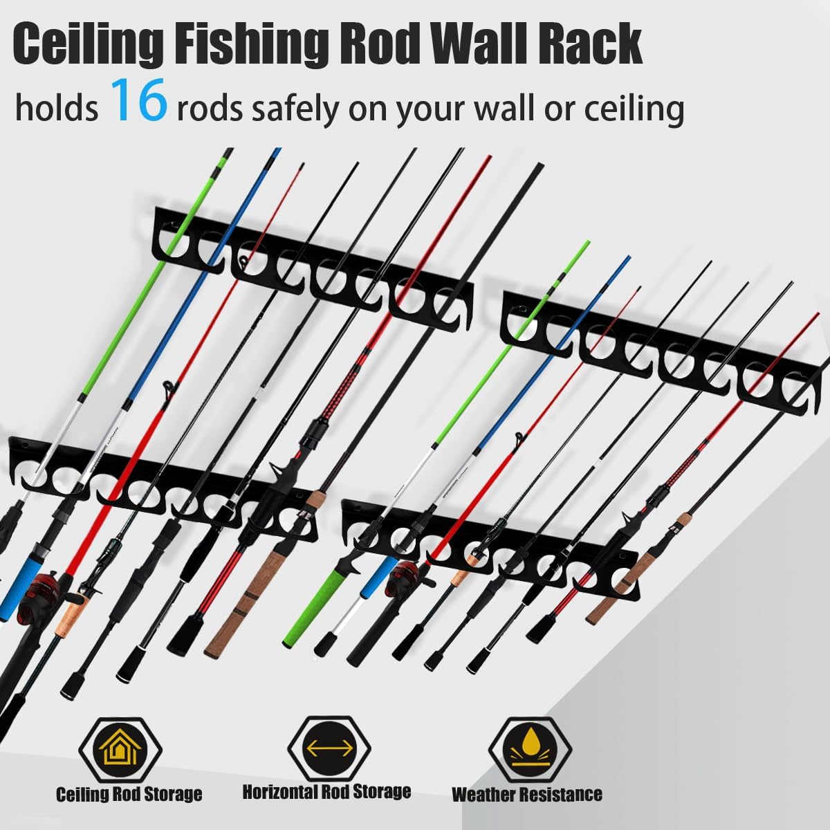 Wall or Ceiling Fishing Rod Storage Rack Vertical Horizontal Holder with 16 Capacity Fishing Rods Reels Mounted Roof Carrier Hooks Hanger for Garage Cabin and Basement Gear Accessories