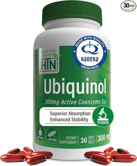 Health Thru Nutrition Ubiquinol 300mg 30 Softgels as Kaneka QH Reduced CoQ-10 | Stabilized - 3rd Party Tested | Enhanced Bioavailability | Cardiovascular & Mitochondria Function Support | Non-GMO