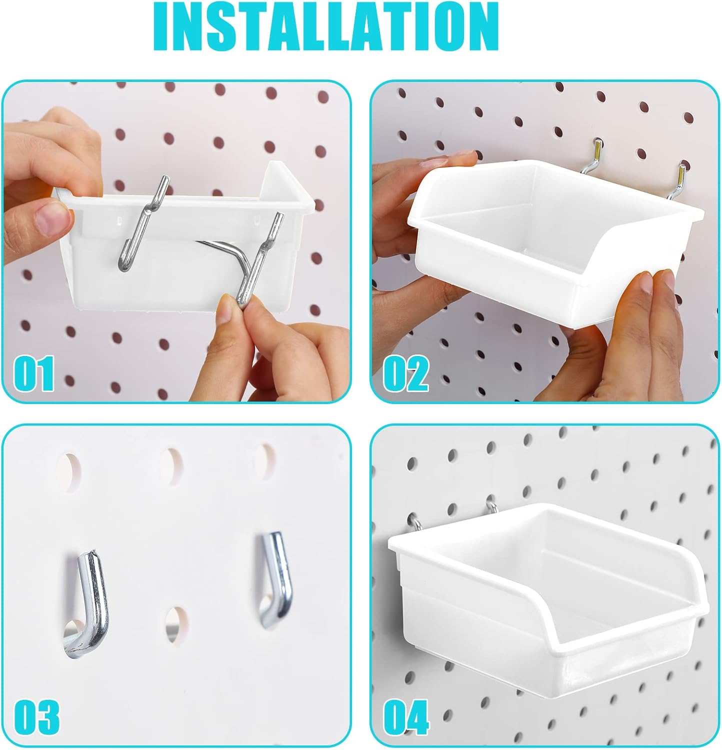 Yookeer 20 Pcs Pegboard Bins and Cups with Hooks and Loops Peg Assortment Organizer Accessories Various Tool Organizer Pegboard Baskets Set for Garage Workshop Workbench Office(White)