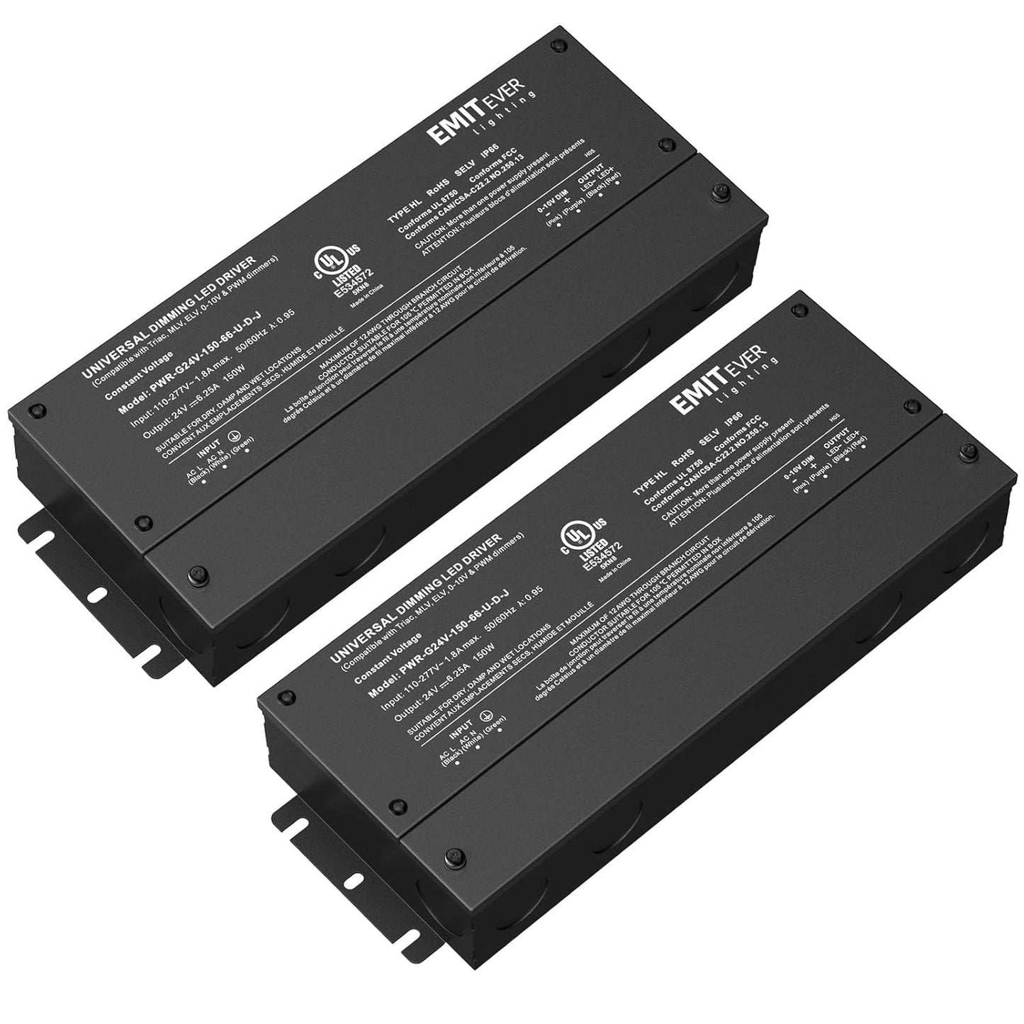 EMITEVER Dimmable Led Driver, 2 Packs 150W AC 110V-277V to DC 24V Transformer, 5-in-1 Dimming: ELV/MLV/TRIAC / 0-10V / 1-10V / 10V PWM/Potentiometer, Waterproof IP67 and UL Listed
