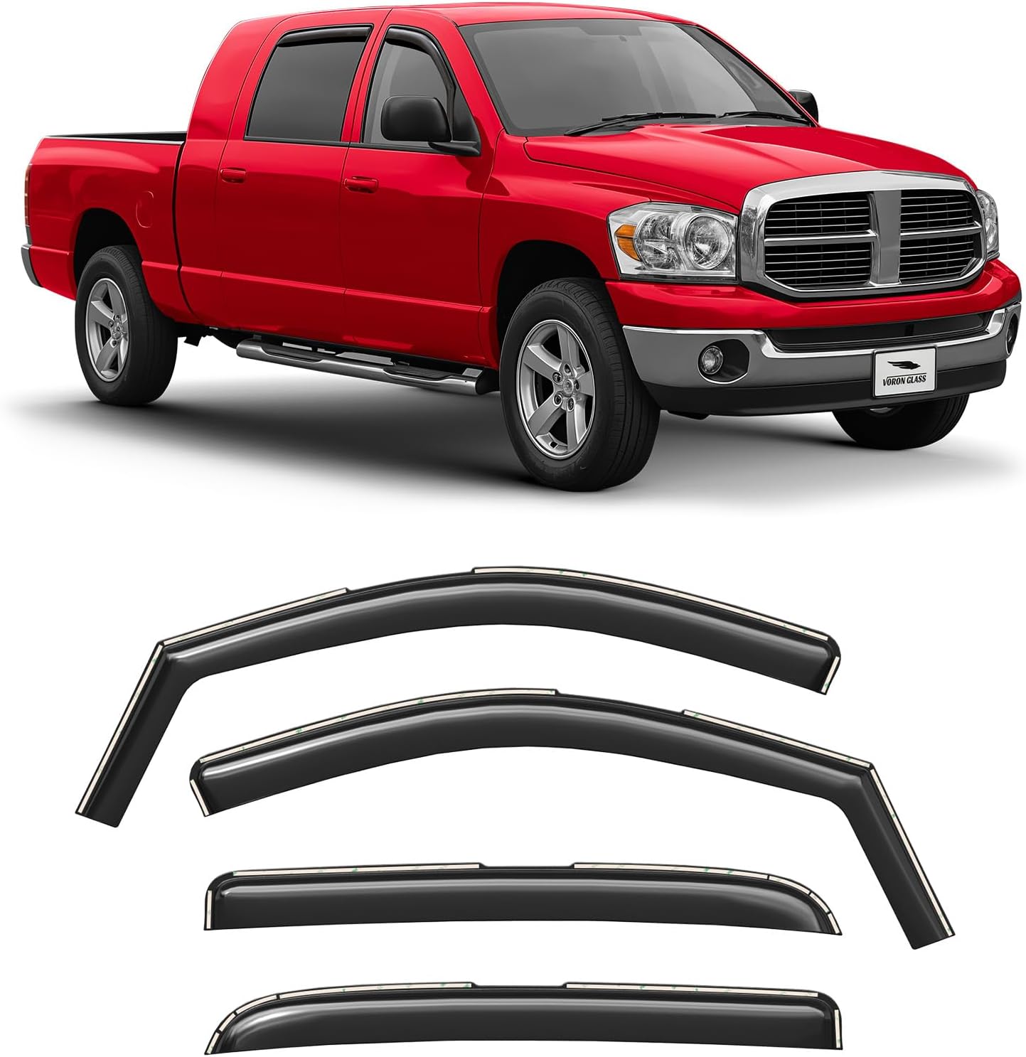 Voron Glass in-Channel Extra Durable Rain Guards for Dodge RAM 2002-2008 MegaCab, Window Deflectors, Vent Window Visors, 4 Pieces - 200691