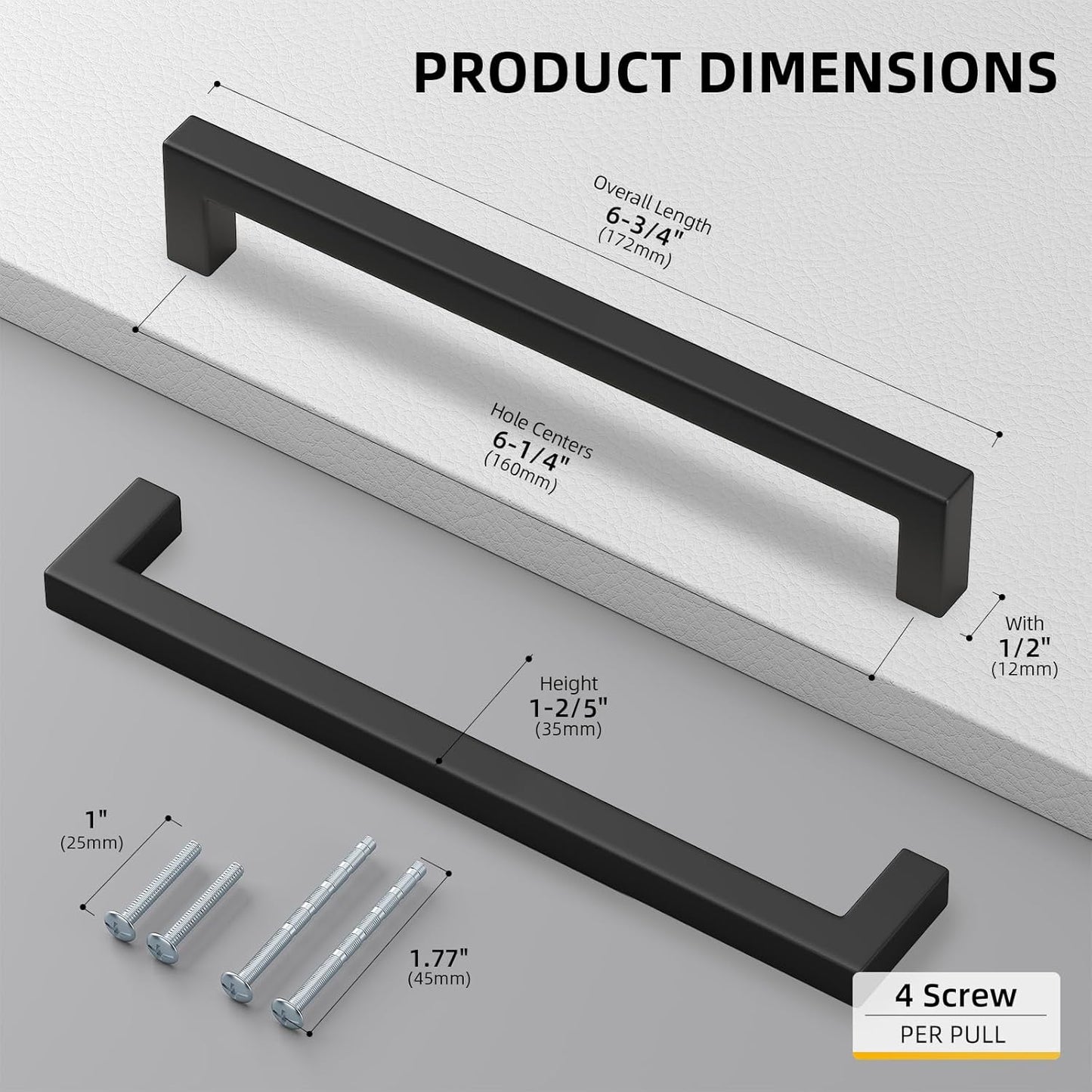 goldenwarm 150 Pack 6-1/4INCH Black Square Bar Cabinet Pull Drawer Handle Stainless Steel Modern Hardware for Kitchen and Bathroom Cabinets Cupboard,Center to Center 160mm Kitchen Cupboard Handles