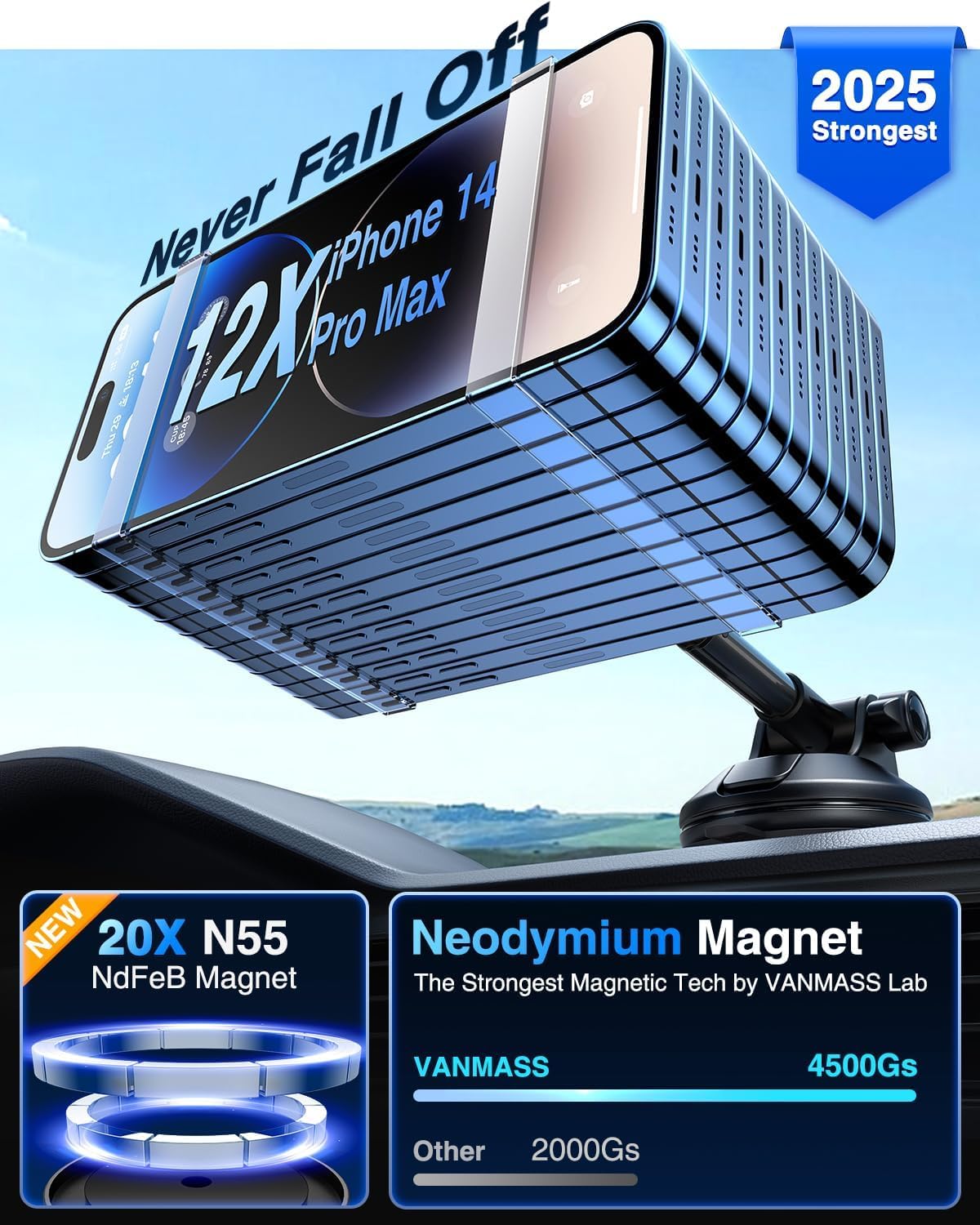 [Military-Grade]VANMASS for MagSafe Car Mount [2025 Upgraded Strongest Magnets] Magnetic Phone Holder Suction Cell Stand for Dashboard Windshield Vent,Truck Cradle for iPhone 16 15 14 13 12 11 Android