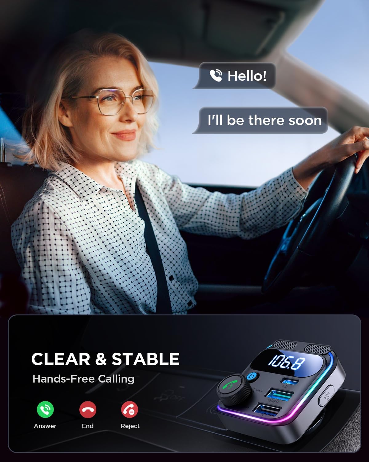 JOYROOM 81W Bluetooth 5.4 FM Transmitter Car Adapter PD & QC 3.0 USB C Car Charger Cigarette Lighter Adapter Hands-Free Calling Radio Support USB Drive [Stronger Dual Mics & HiFi Deep Bass Sound]