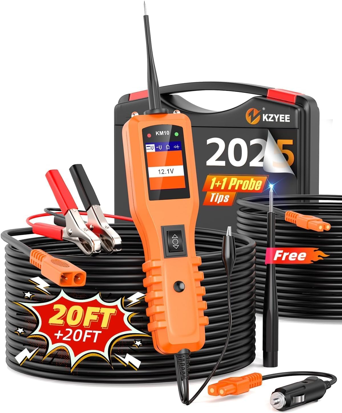 KZYEE KM10 Power Circuit Probe Kit, 12V 24V Automotive Circuit Tester, Digital Multimeter, Short Finder, AC/DC Voltage Tester, Diode & Resistance, Current Probe Component Activation, 20FT+20FT Cable