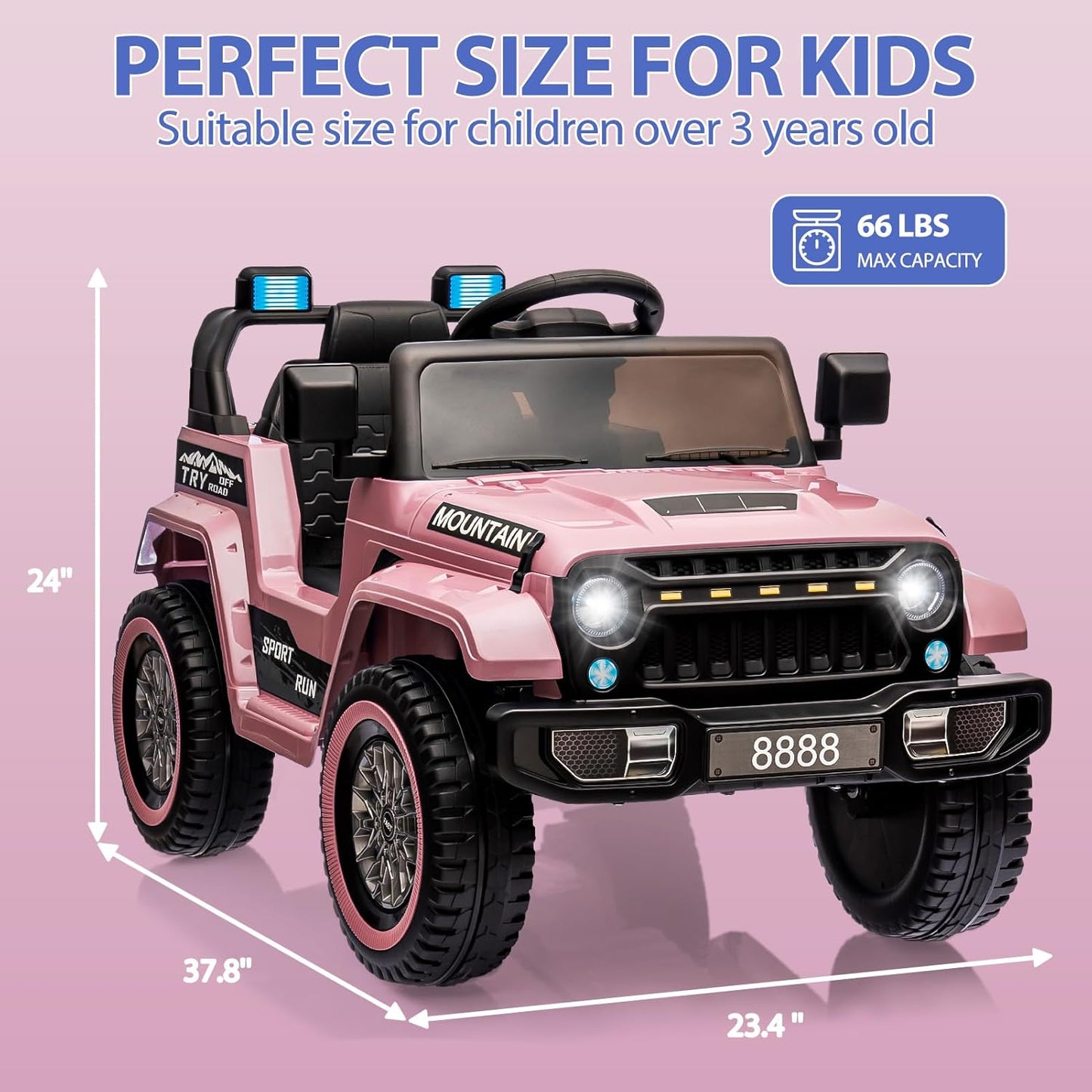12V Kids Ride on Truck Car, 4 Wheeler Electric Vehicles with Remote Control, Spring Suspension, 3 Speeds, LED Lights, Music, MP3, Battery Powered Ride on Toy Gift for Boys Girls, Light Pink