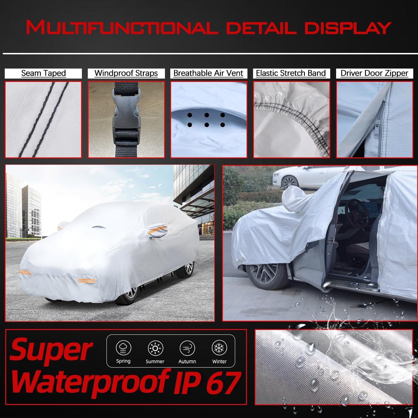 30 Layers Heavy Duty SUV Car Cover for Automobiles All Weather Waterproof, Outdoor Snowproof UV Protection Windproof, Door Zipper, Soft Cotton Universal Car Covers (Silver, Fit SUV 181"-190")