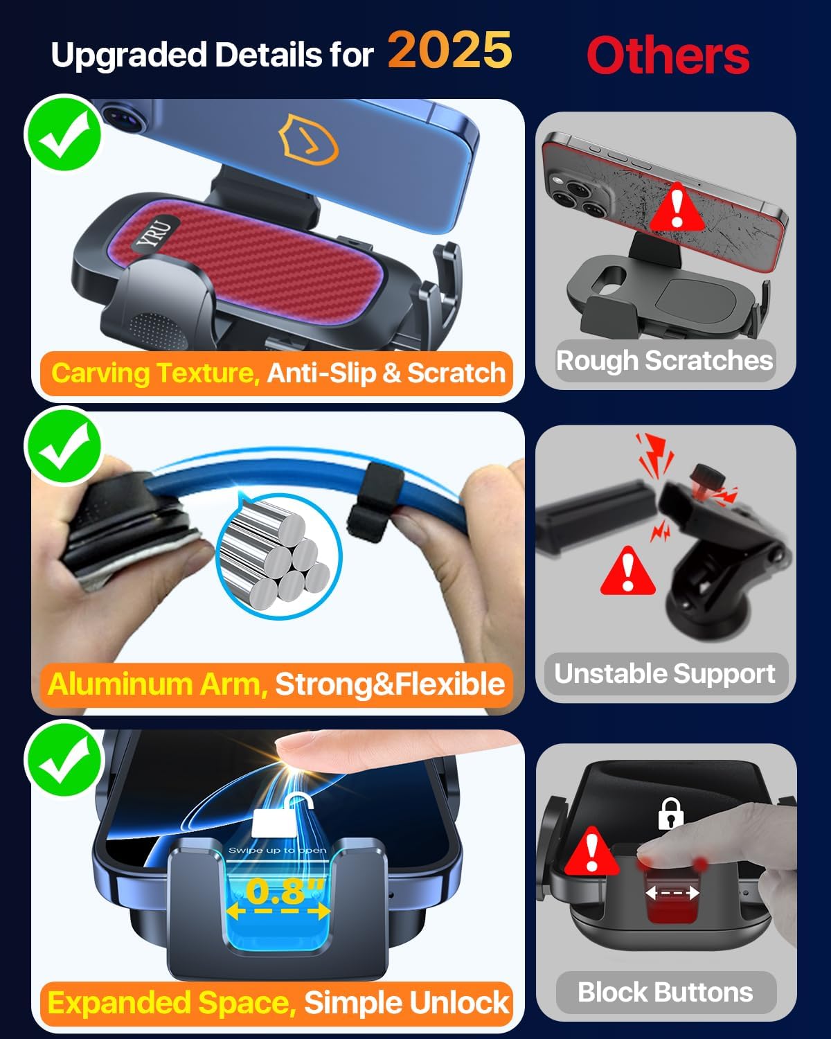 YRU [2025 Ultimate Car Phone Holder [Bendable & Adjustable Aluminum Arm] Cell Phone Automobile Cradles Dashboard Windshield Pickup Truck Phone Mount for iPhone 16 15 14 13 Pro Max Samsung,Tomato Red