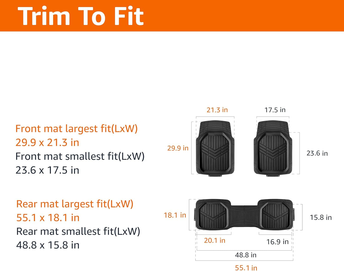 Amazon Basics 3-Piece All-Weather Heavy Duty, Full Set Rubber Floor Mats for Universal Fit in Cars, SUVs, and Trucks, Black, Trim to Customize