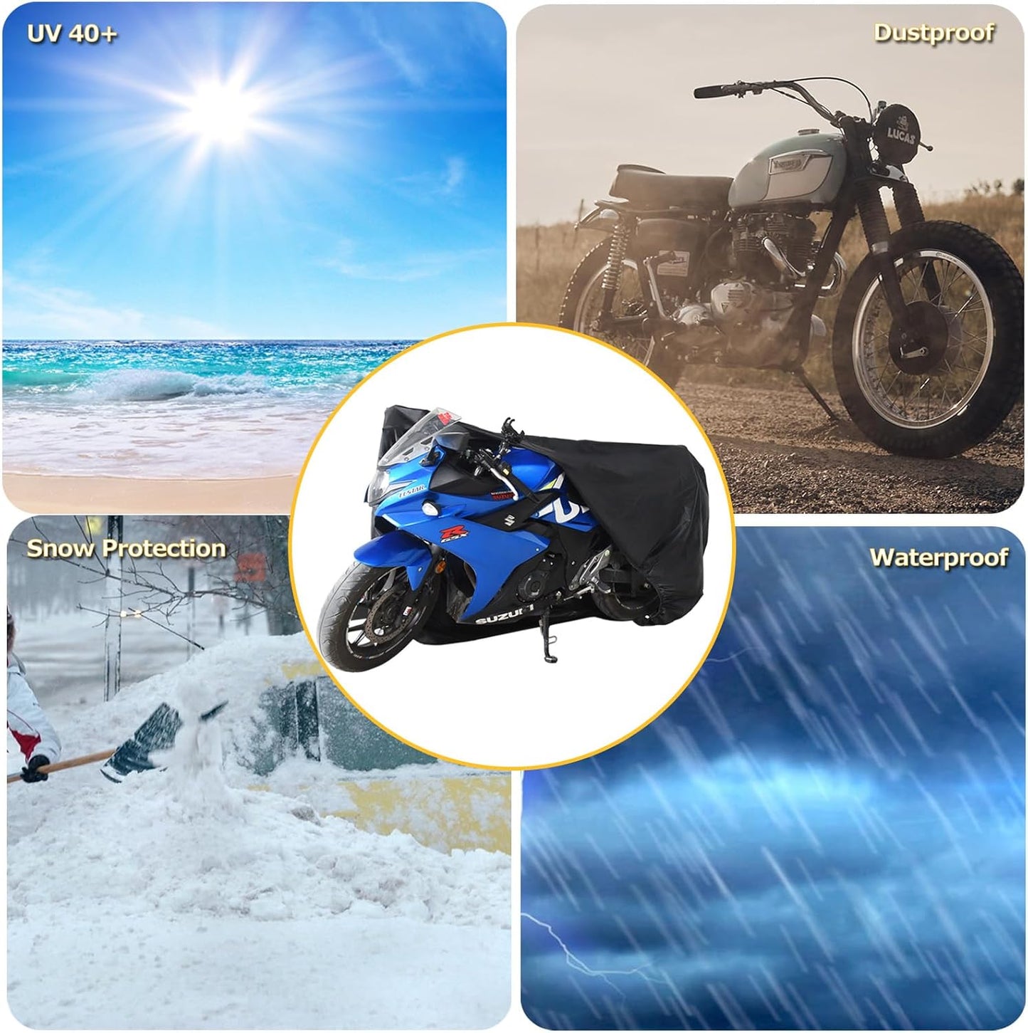 210D Motorcycle Cover All Season Waterproof Breathable Sun Outdoor Protection Three Reflective Tape with Lock-Holes & Storage Bag Bike Scooter Cover Universal (Black, 96.6''*41''*50'')