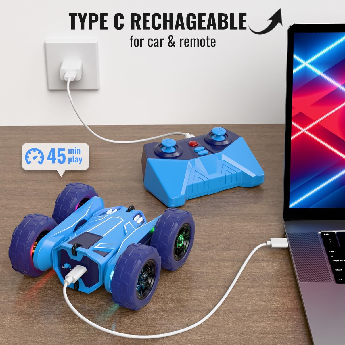 MaxTronic Remote Control Car, Rechargeable RC Cars & Remote - 20km/h Double Sided 360° Rotation Stunt Stunt Crawler with LED Lights for Boys Girls Aged 3-12