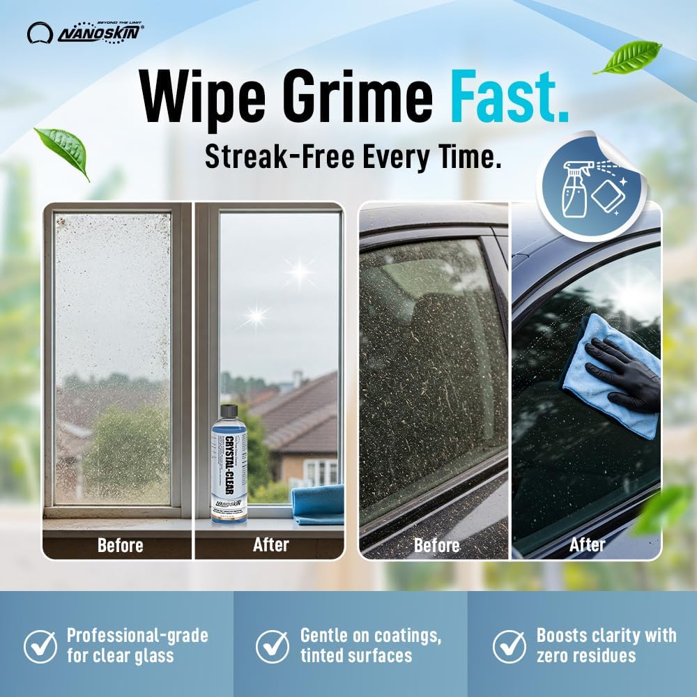 Nanoskin CRYSTAL-CLEAR VOC-Free Glass Cleaner 16 oz - Ultra-Concentrated, Eco-Friendly, Streak-Free Finish | Versatile Use for 40:1 Dilution | Perfectly Safe for Auto, Home, Garage & Beyond