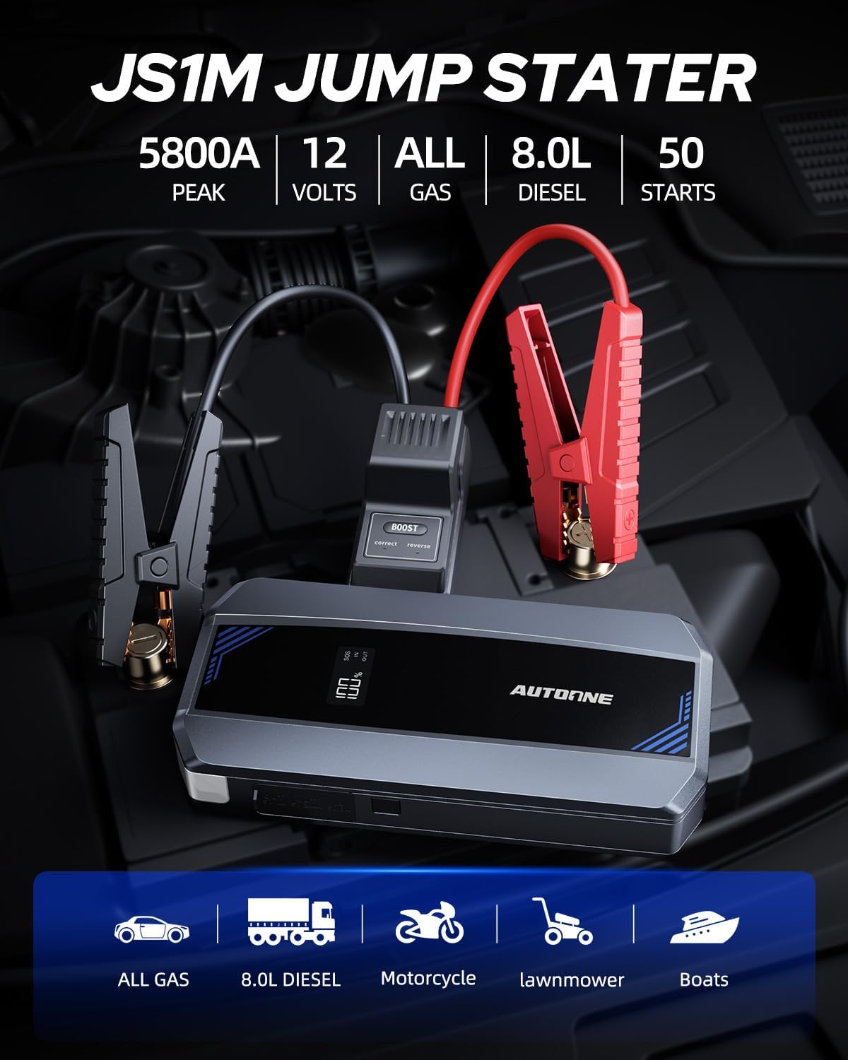 AUTOONE Car Jump Starter 5800A Battery Booster, Portable Battery Pack for All Gas 10L Diesel, 12V Jump Box with Smart Jumper Cable for Car Battery, Vehicle Lithium Starter, LCD Display, w/LED Light