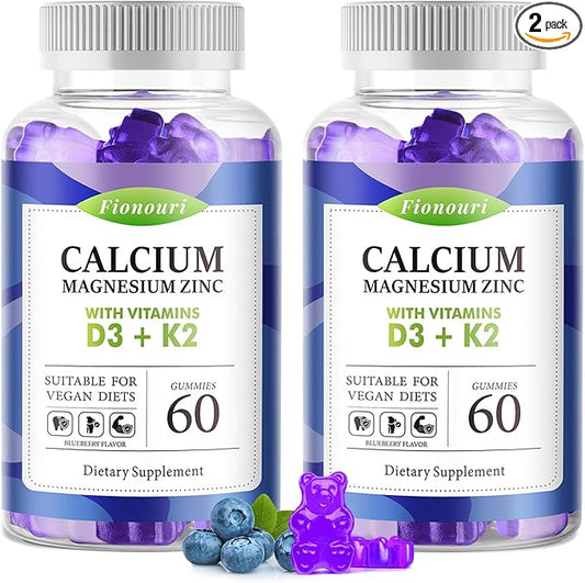 Calcium Magnesium Zinc Gummies with Vitamin D3 & K2 - High Potency Enhanced Absorption -120 Blueberry Gummies Flavored