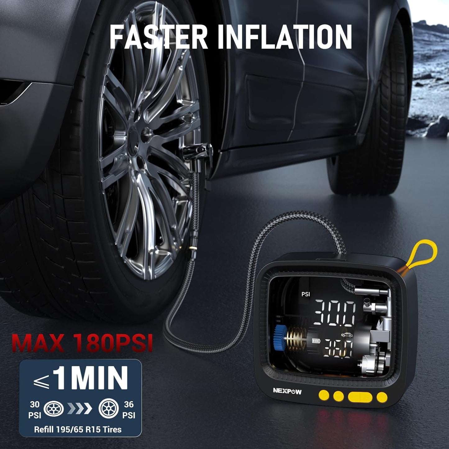 NEXPOW Tire Inflator Portable Air Compressor, 180 PSI Cordless Air Pump for Car Tires with Digital Pressure Gauge & Auto Shut-Off, Air Compressor Portable for Car, Motorcycle, Bicycle, Ball, Yellow