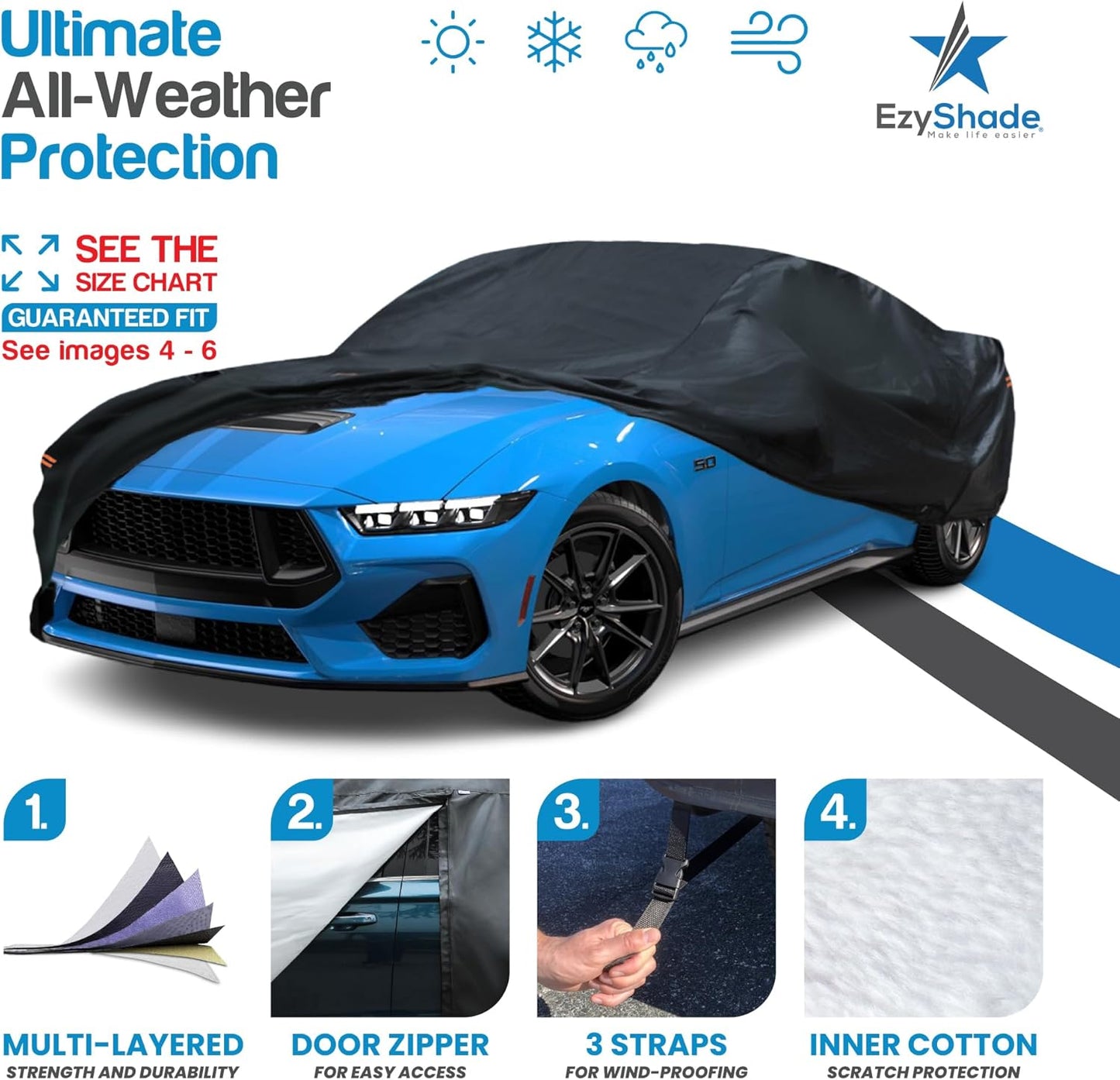 EzyShade 10-Layer Waterproof Sports Car Cover. See Vehicle Size-Chart for Accurate Fit. All Weather Outdoor Covers. Camaro Challenger Firebird GTO. Sun Snow Rain. Black, Size C5 (See SizeChart)