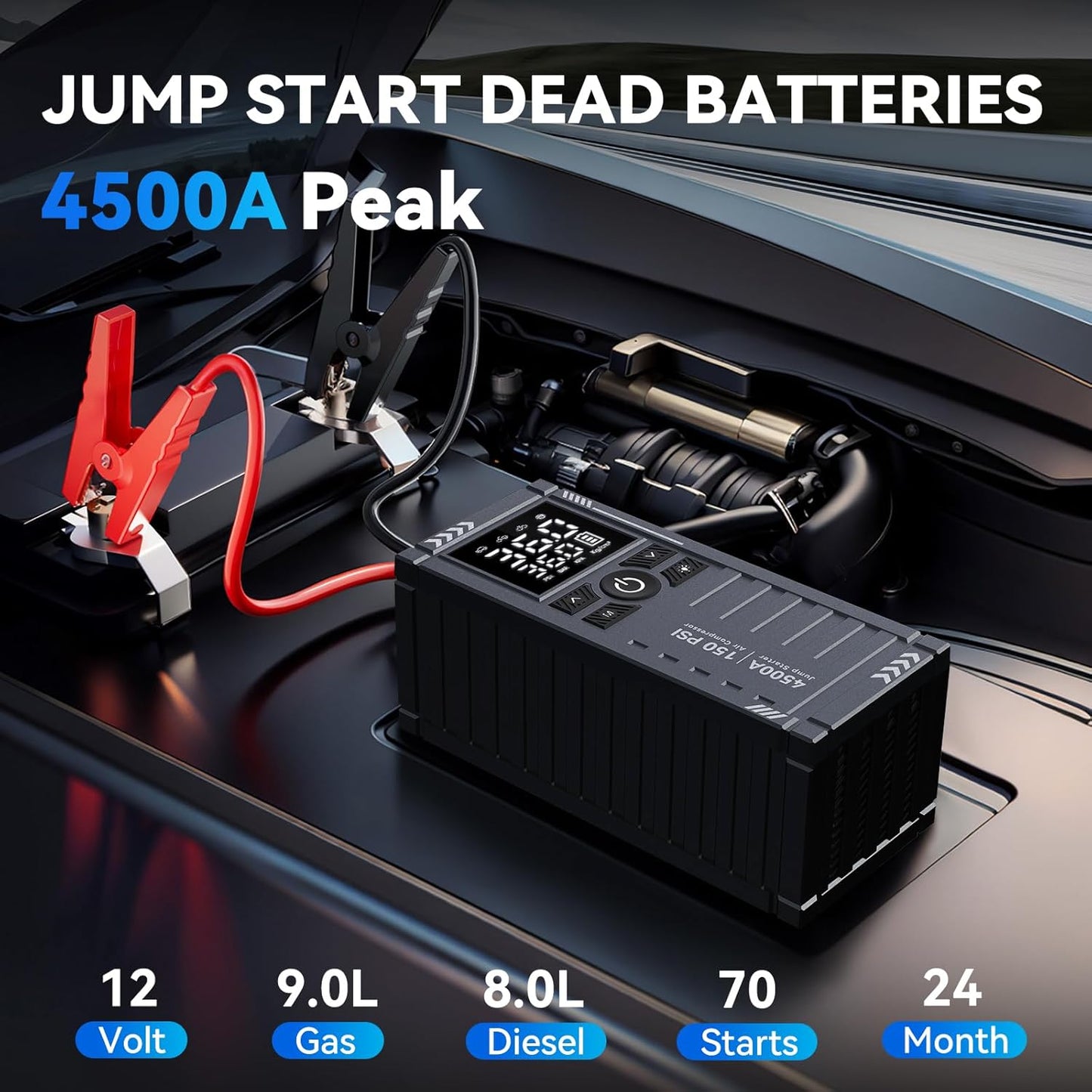 Car Battery Jump Starter with Air Compressor - 4500A 150PSI Portable Car Jump Starters (All Gas/9L Diesel) with Tire Inflator, 12V Car Battery Jump Box with Jumper Cables, LCD Display, LED Light