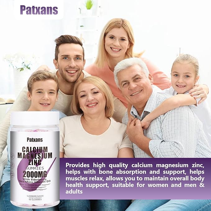 1 Pack 2000MG Calcium Magnesium Zinc Gummies with Vitamin D3 & Elderberry, Sea Moss for Bone ＆ Tooth Strength, Muscle ＆ Immunity, Blueberry Flavor, 60ct.