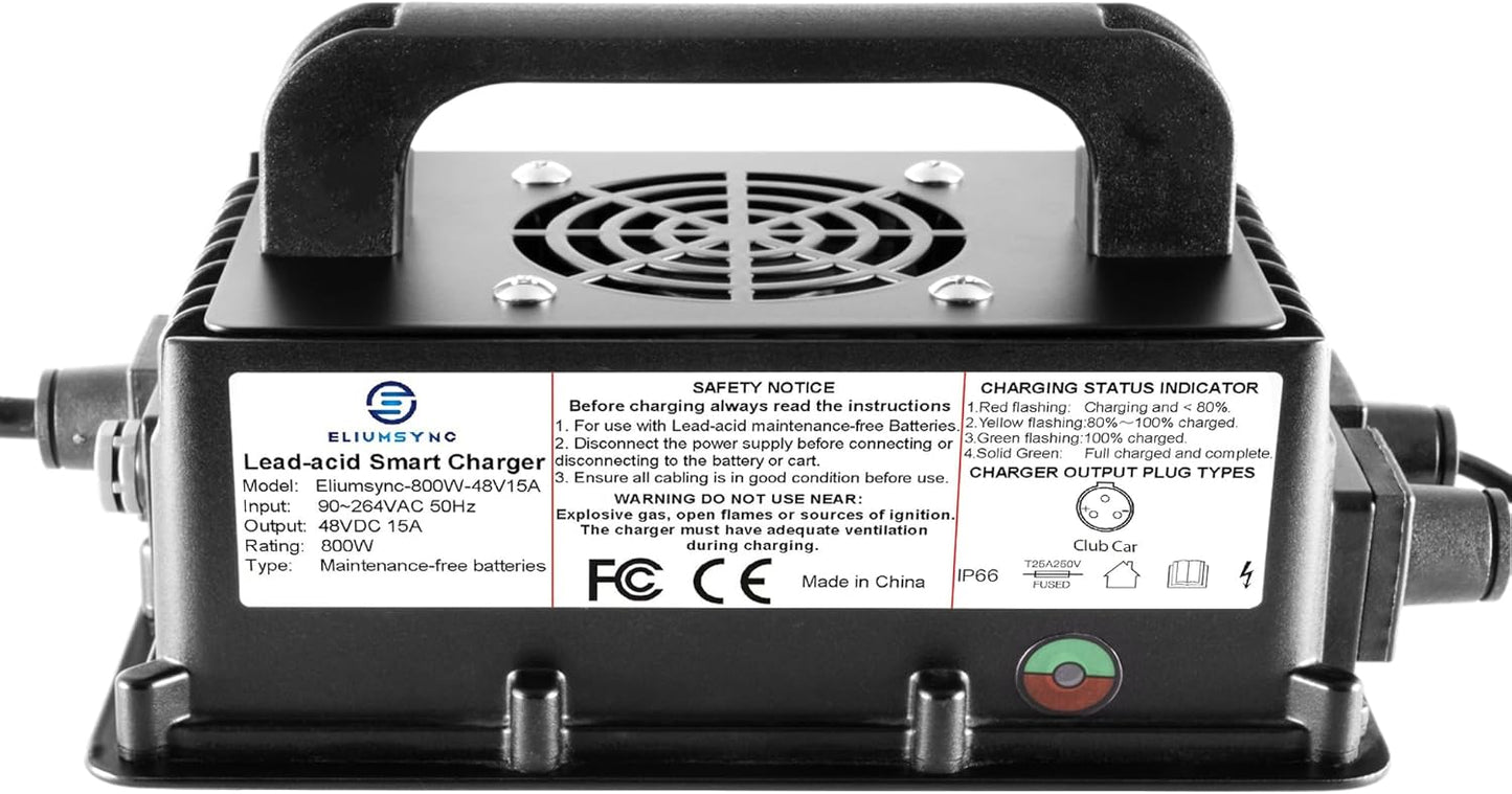 800W Lead Acid Battery Charger 48 Volt 15 AMP 3-Pin Round Plug Club Car Golf Carts