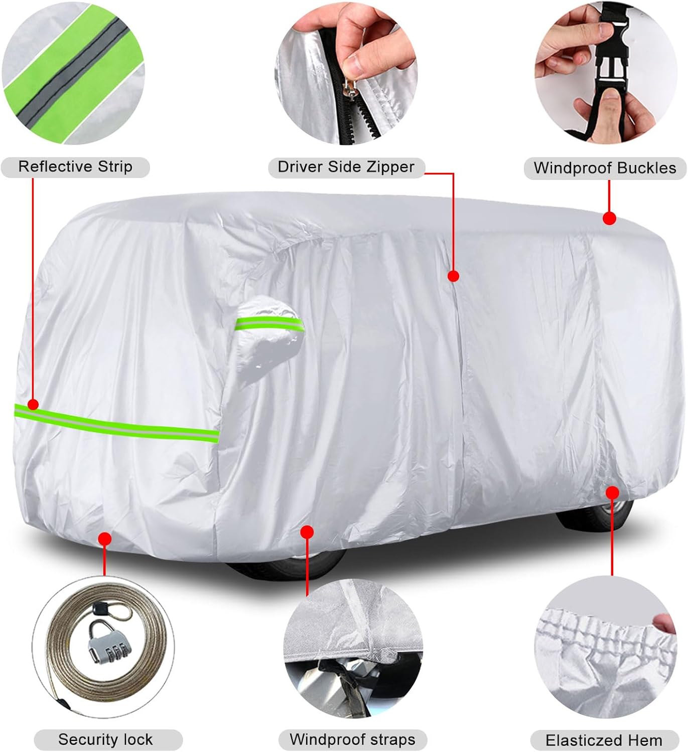 Silver Car Cover Waterproof All Weather Compatible with 1950-1992 VW Bus T1 T2 T3, Volkswagen Vanagon Full Car Cover with Door Zipper, Windproof Strap, Storage Bag