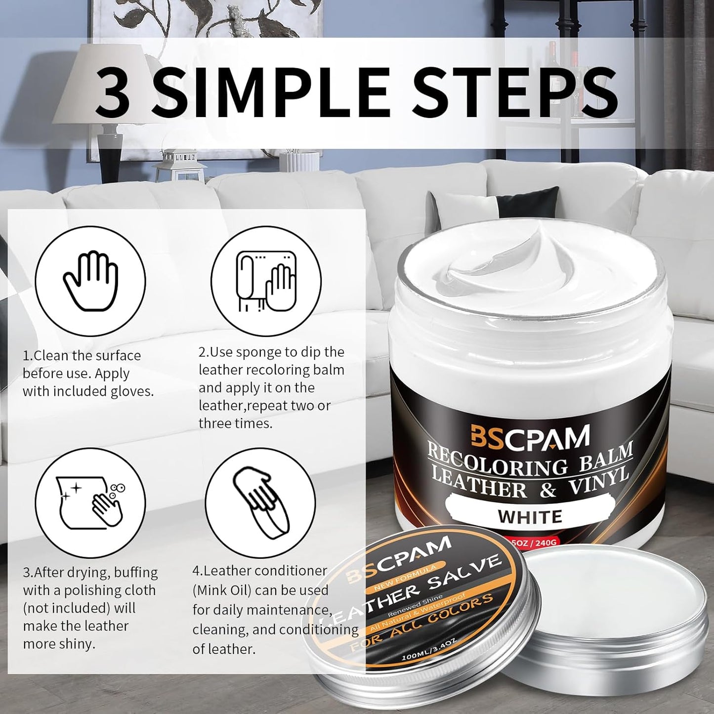 White Leather Recoloring Balm with 100ml Mink Oil,Leather Couch Scratch Remover,Leather Repair kit for Vinyl Furniture and Car Interior,Leather Dye Paint,Mink Oil for Leather