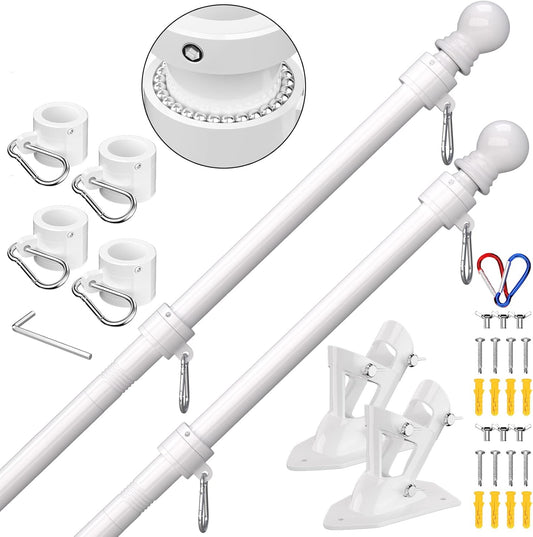ZMTECH Flag Pole - Upgraded Bracket, (2 Packs) 6 FT Stainless Steel Flag Poles for Outside House, Residential or Commerical, Tangle Free Flag Pole Kit for American Flag (Without Flag, White)