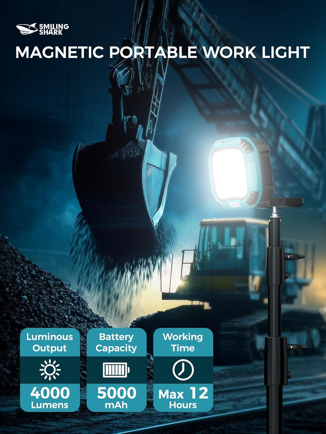 Smiling Shark Working Light, LED Work Light 4000 Lumen 18 Light Mode USB Rechargeable Portable Magnetic Waterproof Drop Resistant Cordless Worklight Job Site Lighting for Garage Repair Camping Outdoor