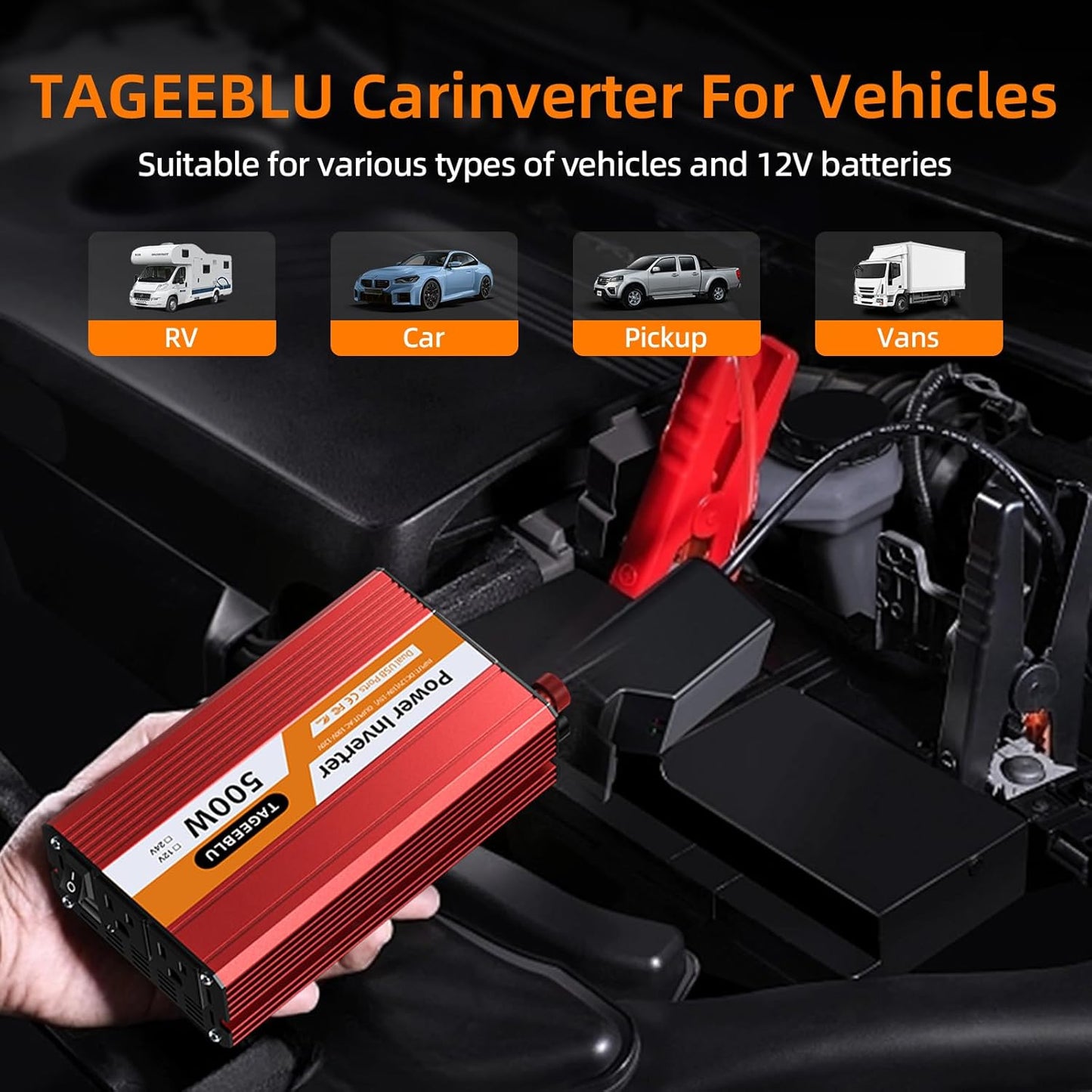 500W Power Inverter DC 12V to 110V/120V AC Car Inverter with 2 x 3.0A USB Ports and Dual AC Outlet, Equipped with 1 Cigarette Lighter and 2 Battery Clamps for Road Trip and Camping