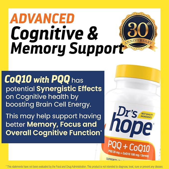 PQQ CoQ10 - PQQ 20mg With CoQ10 100mg, PQQ Supplement With Coenzyme Q10 Supplement Supports Brain Health, 60 Veggie Caps - 1 Capsule per Serving