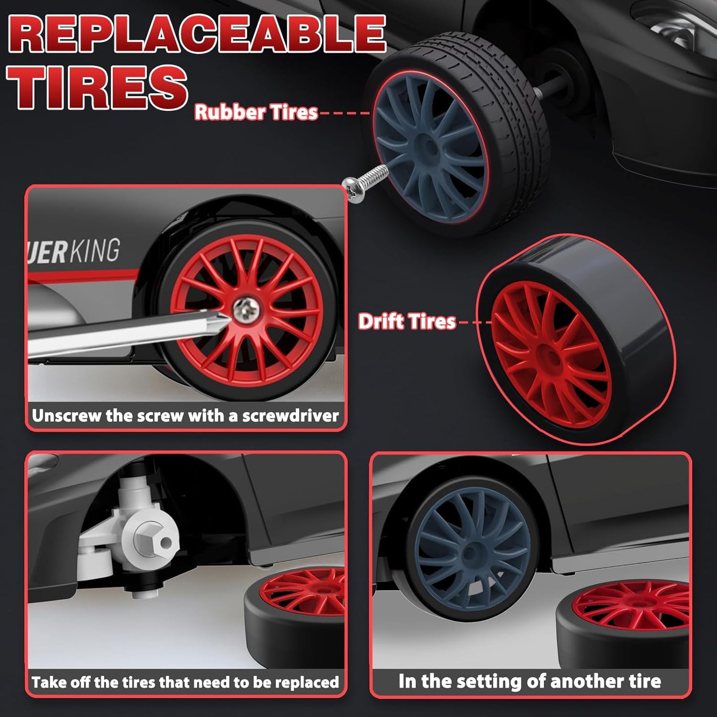 RC Drift Cars, 2.4Ghz 1:24 Remote Control Car 4WD High Speed Drifting RC Car with LED Light, Drift Tires and Two Batteries Racing Toy Cars for Kids Boys Girls Adults(Black)