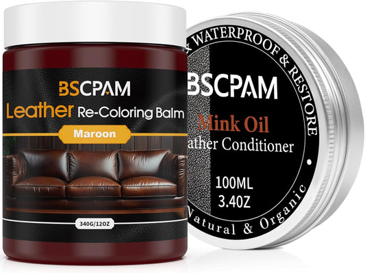 12oz Leather Recoloring Balm & 3.4oz Mink Oil Leather Conditioner kit,Maroon Leather Color Repair Kits for Couches, Leather Couch Paint Scratch Repair for Furniture Car Sofa Shoes Leather Dye