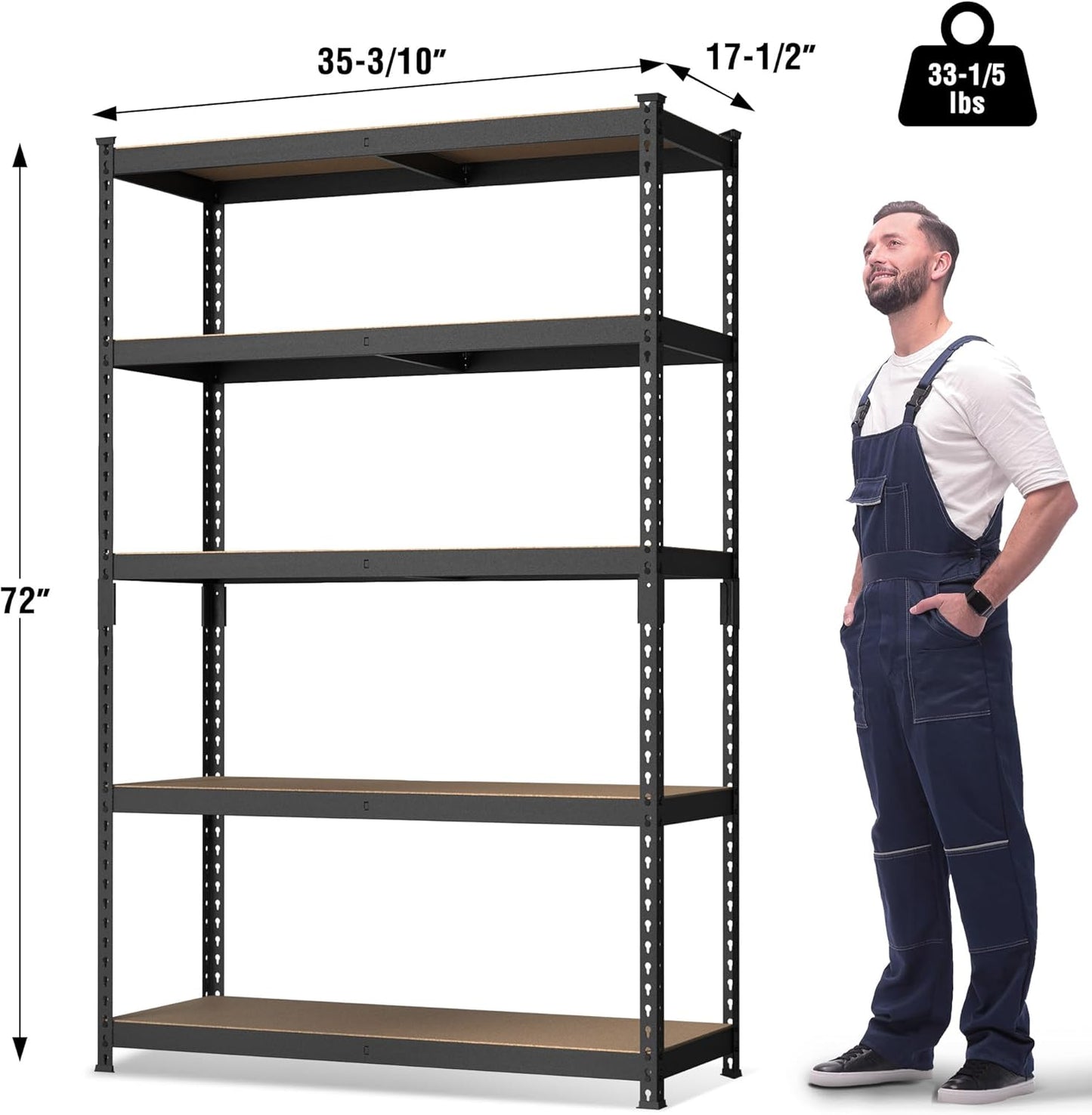 WORKPRO 5-Tier Steel Shelving Unit-Black, 35-3/10”W x 17-1/2”D x 72”H, Adjustable Storage Rack, Heavy Duty Shelf with MDF Board, 1650 lbs Load Capacity (Total) for Garage, Basement, Warehouse, Kitchen