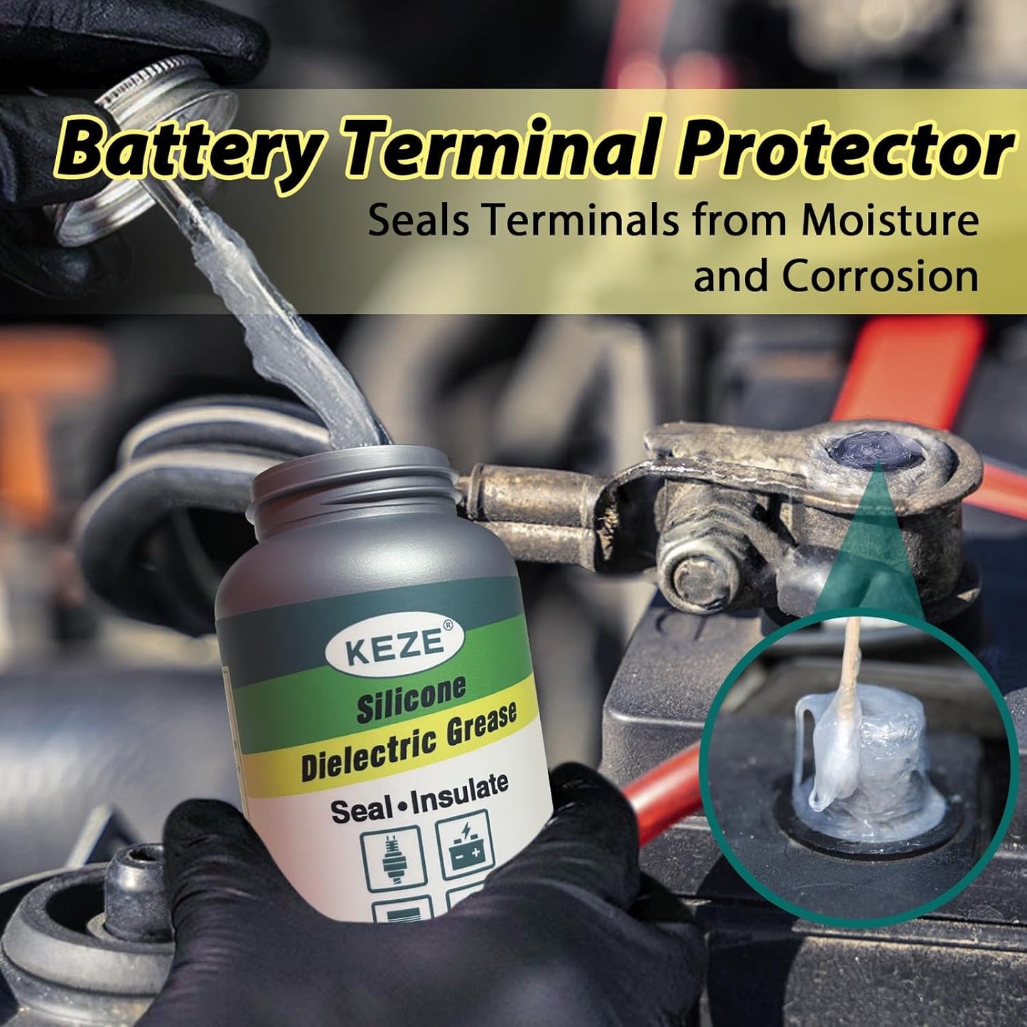 Keze Silicone Dielectric Grease Automotive Die Electric Grease Spark Plug Light Bulb Sockets Battery Terminal Electrical Contact Paste for Marine Against Salt, Dirt Corrosion Brush Top Can, 8 Oz