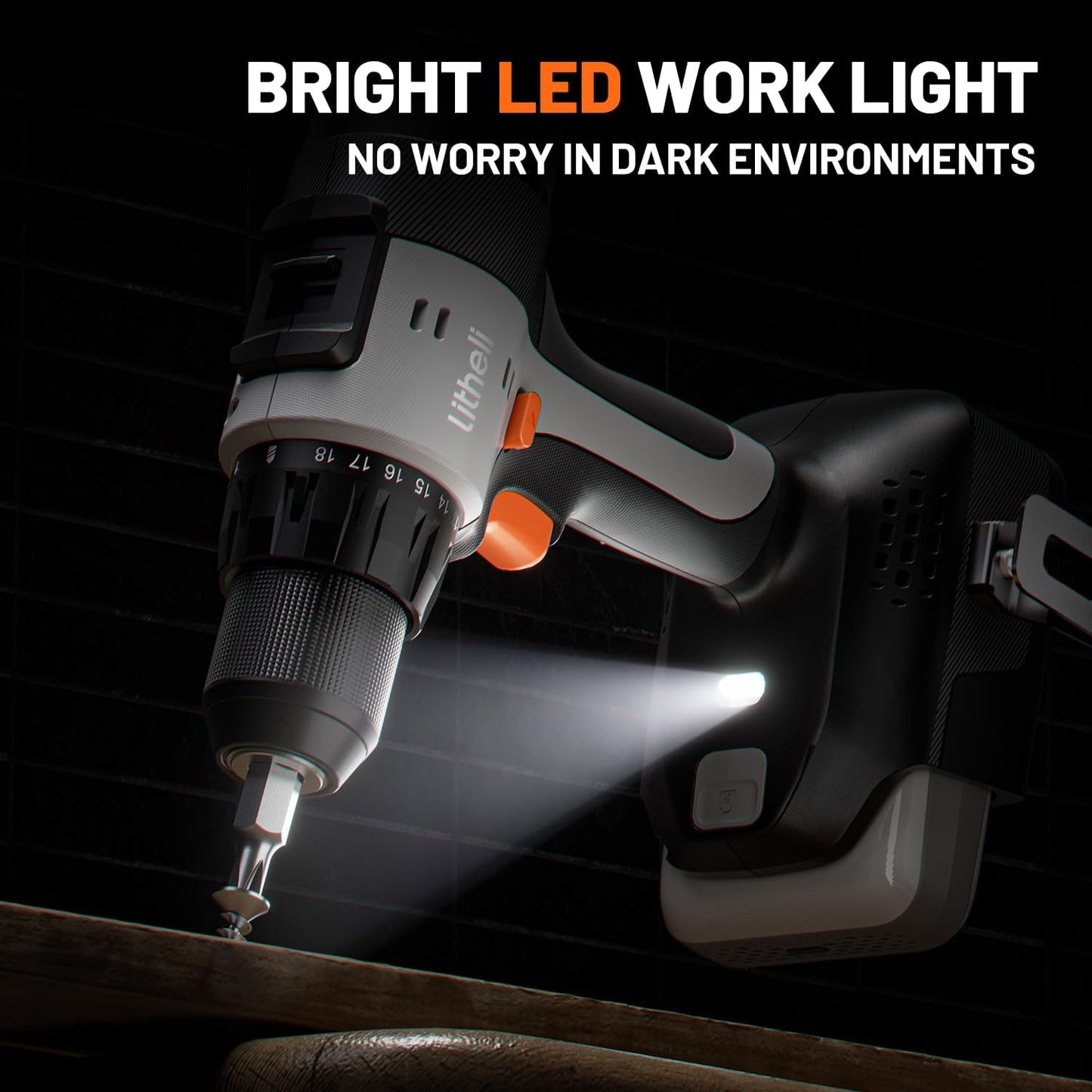 Litheli Cordless Drill Driver, Electric Power Drill with 2 Variable Speed Settings, 1/2 Inch Keyless Chuck, 21+1 Clutch Settings with Maximum Torque of 443 In-lbs (Battery and Charger not Included)