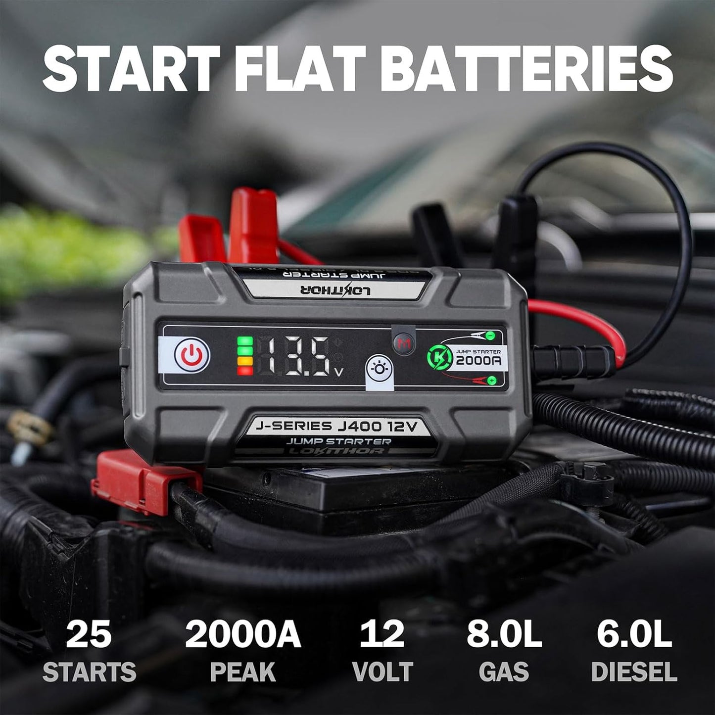 J400 2000A 12V Portable Lithium Jump Starter, Car Battery Booster Pack, USB-C Powerbank Charger, and Jumper Cables for Upto 8.0-Liter Gas and 6.0-Liter Diesel Engines