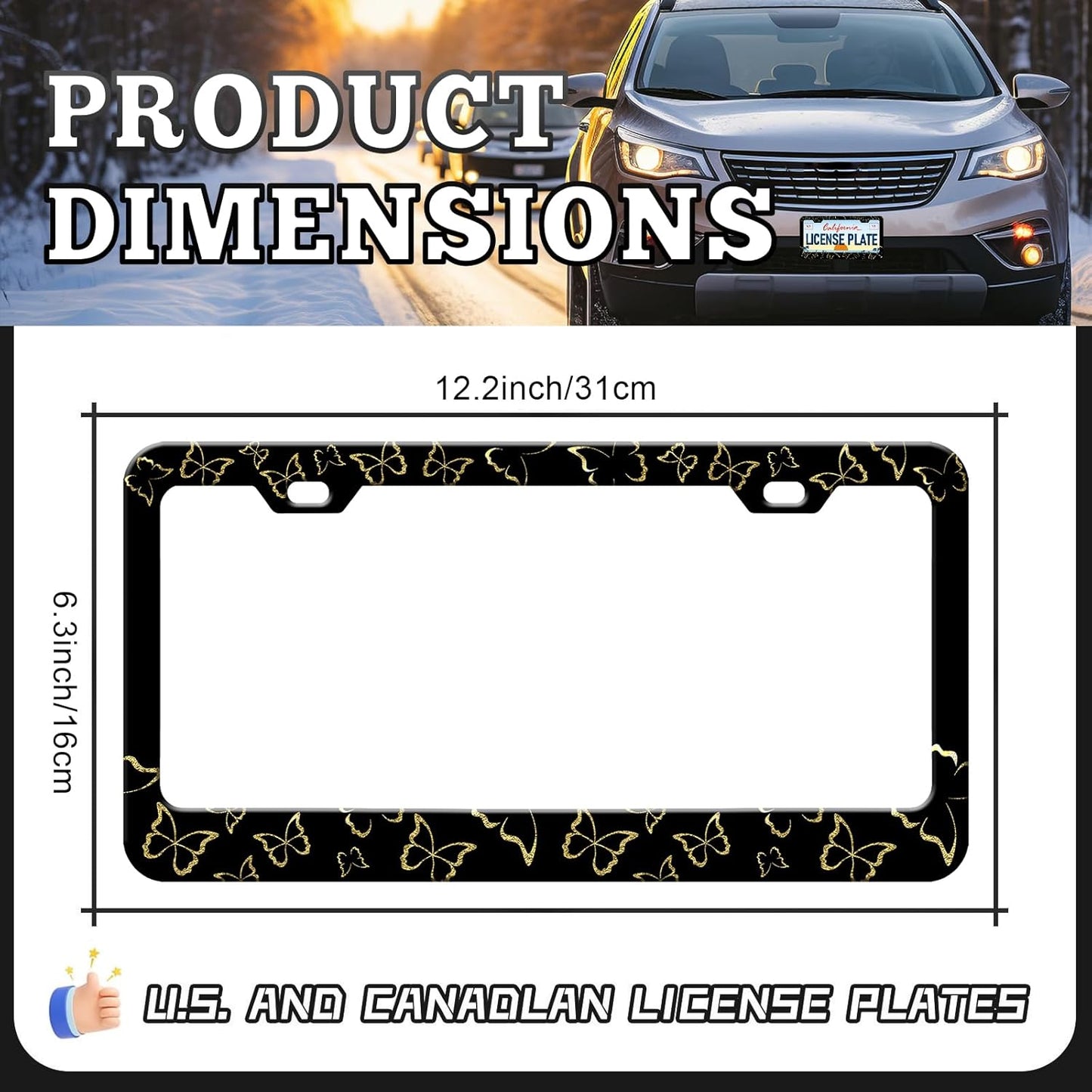 Golden Butterfly License Plate Frames - 2 Pack Beautiful Butterfly Stainless Steel License Plate Holder,Rust-Proof Waterproof Car Decorative Tag Frame with Screws Fasteners Caps