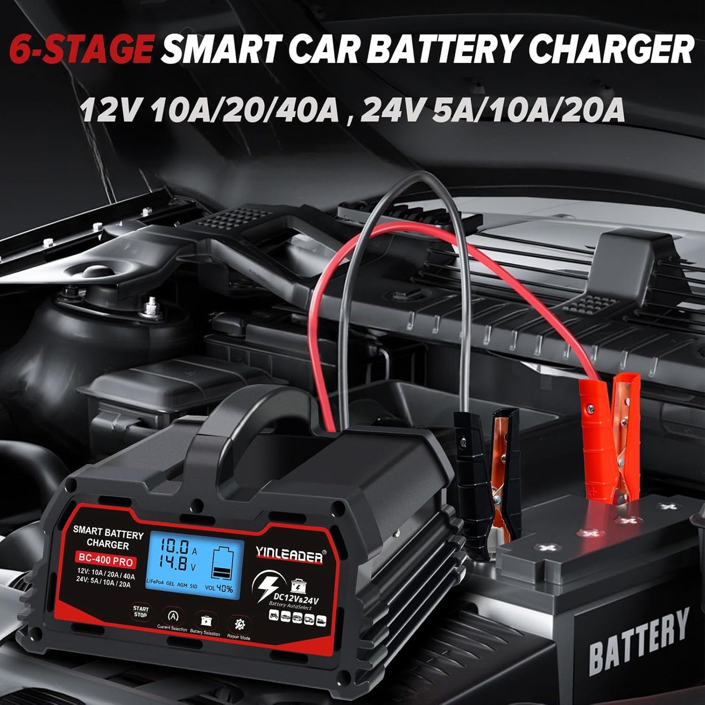 Battery Charger 40A, 12V/24V Lead Acid Smart Battery Charger, 12V LiFePO4 Car Battery Trickle Charger, Automatic Battery Maintainer for Car Motorcycle Lawn Mower Marine Boat Lead Acid Batteries