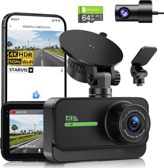 Dash Cam Front and Rear,4K+2K Dash Camera for Cars with STARVIS Sensor,Built in 5GHz Wi-Fi, Free 64GB Card Included, Dual Dashbord Dashcam,Night Vision,Emergency Lock, Parking Mode