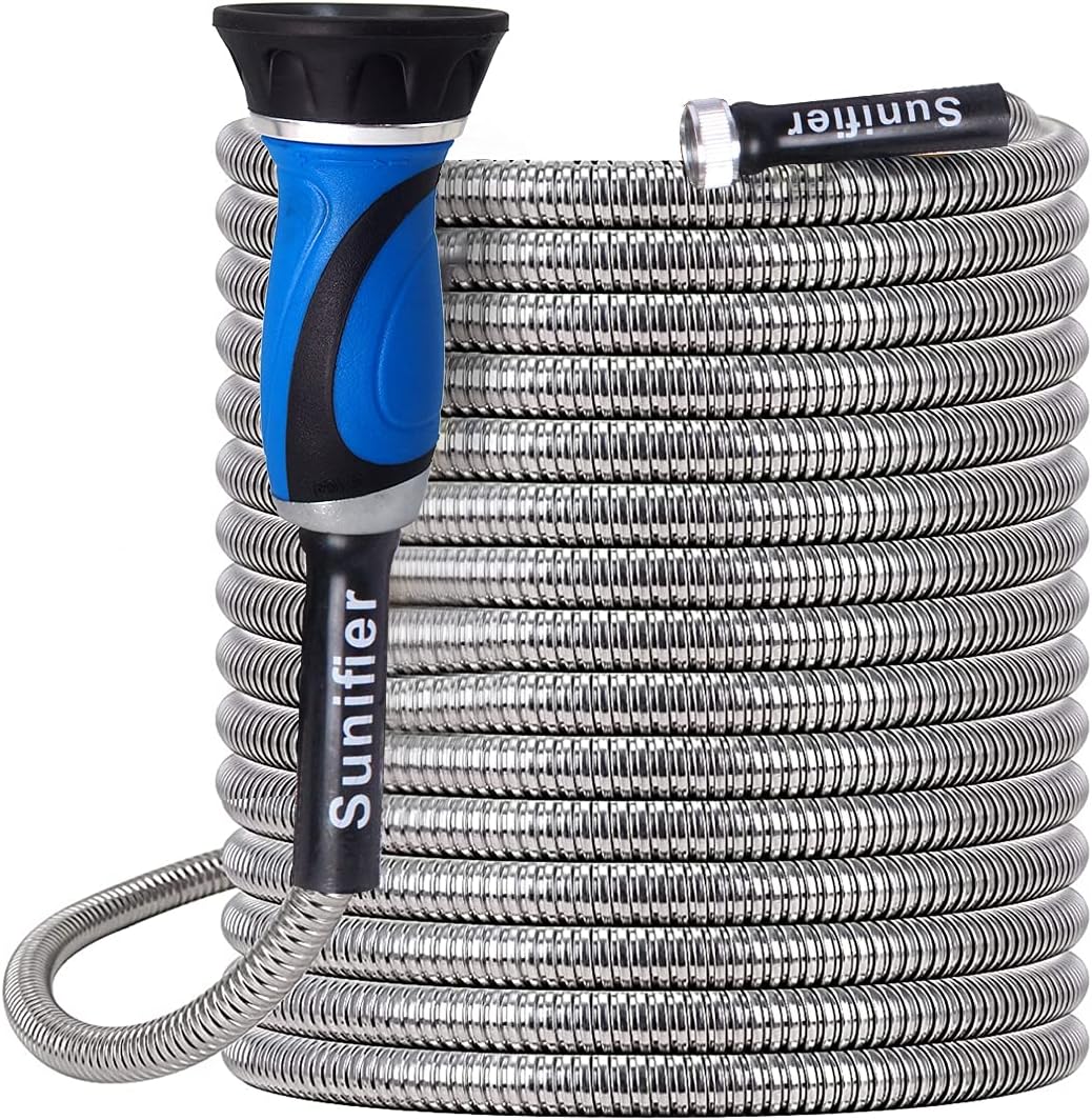 Metal Garden Hose 50 Ft With Hose Nozzle, Flexible Stainless Steel Garden Hose 50 Ft, Heavy Duty Water Hose for Outdoor Garden Watering Washing (50FT)
