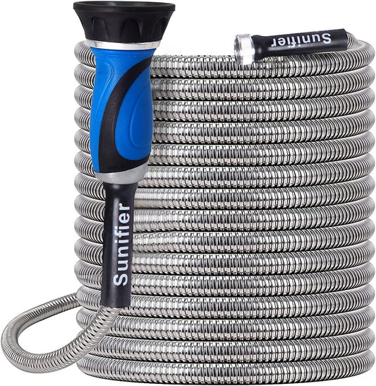 Metal Garden Hose 50 Ft With Hose Nozzle, Flexible Stainless Steel Garden Hose 50 Ft, Heavy Duty Water Hose for Outdoor Garden Watering Washing (50FT)