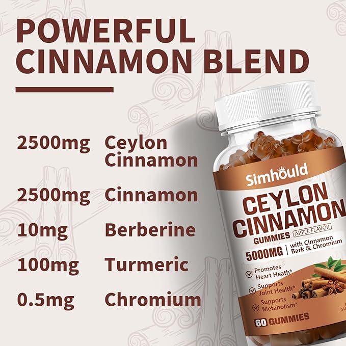 1 Pack Ceylon Cinnamon Gummies 5000MG with Ceylon Cinnamon & Cassia,Joint Support,Cinnamon Supplement & Brain Health,Vegan,Gluten-Free,Cinnamon Apple Flavor,60 Gummies.